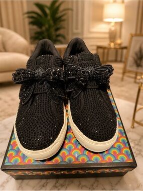 NIB Kurt Geiger Black crystal Embellished Velcro Sneakers w Bow sz 41 EU/ 10 US